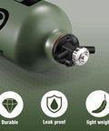 Close-up of 1L Fuel Bottle For Camping And Outdoor Use With Safety Valve Leakproof Pour Spout Army Green Canister