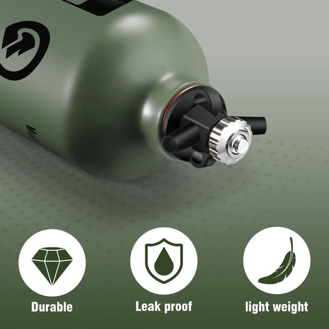 Close-up of 1L Fuel Bottle For Camping And Outdoor Use With Safety Valve Leakproof Pour Spout Army Green Canister