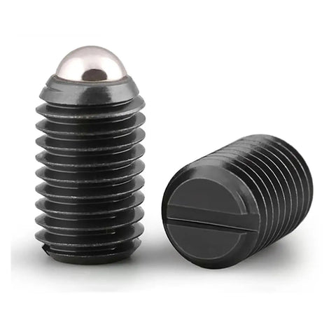 Rock Solid Spring Ball Plungers And Flat Head Screws Built Tough With Rust Resistant Stainless Steel That Takes Heavy Loading Daily And Never Lets You Down Includes M4 To M12 Sizes In A Job Site Ready Thirty Piece Kit close-up of spring ball plunger and flat head screw in black finish