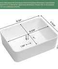 Dimensions diagram of a rectangular white vessel sink, showing length, width, and depth measurements, with dimensional arrows.
