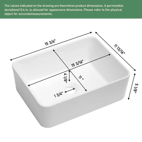 Dimensions diagram of a rectangular white vessel sink, showing length, width, and depth measurements, with dimensional arrows.