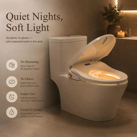 Elongated Electric Bidet Toilet Seat With Instant Tankless Warm Water Spray Auto Air Dryer And No Sweat Easy Install, featuring soft night illumination.