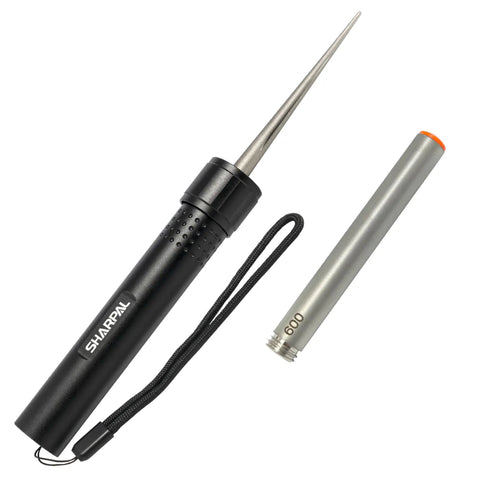 Three-In-One Diamond Sharpener For Knives And Tools With 4 Inch 600 Grit Rod Sharpens Straight Edges Serrations And Gut Hooks Includes Fishhook Groove Durable Aluminum Handle Pocket Knife Sharpener