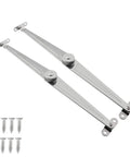 2 Pack Heavy Duty Folding Lid Hinge Set With Soft Close Stainless Steel Lid Stay Rotatable Bracket Built To Last For Cupboard Cabinets And Toy Boxes Durable Kitchen Or Workshop Storage Solution, showing two metal hinges and screws on white background.