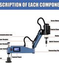 Beefy 600W Electric Tapping Machine With 360 Flex Rocker Arm And Dual Gas Springs Smooth As Butter Touchscreen Control Up To 312 RPM Variable Speed showing detailed component labels.
