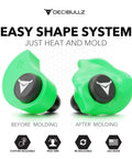 Custom Molded Earplugs With 31dB Noise Reduction Rating For Loud As Heck Environments Like Shooting Travel Swimming Work And Concerts Deliver Superior Comfort And Fit While Providing Gentle Long Lasting Hearing Protection showing heat-moldable green design before and after molding.