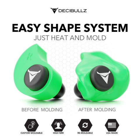 Custom Molded Earplugs With 31dB Noise Reduction Rating For Loud As Heck Environments Like Shooting Travel Swimming Work And Concerts Deliver Superior Comfort And Fit While Providing Gentle Long Lasting Hearing Protection showing heat-moldable green design before and after molding.