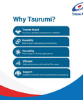 Information graphic highlighting why Tsurumi pumps are trusted for durability, versatility, efficiency, and support.