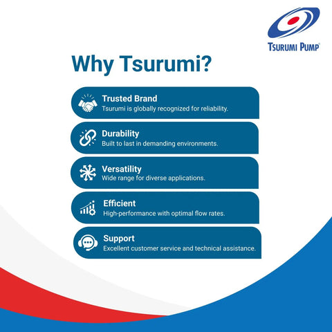 Information graphic highlighting why Tsurumi pumps are trusted for durability, versatility, efficiency, and support.