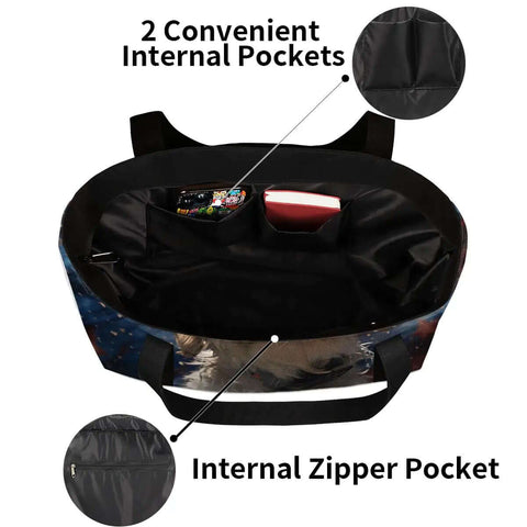 Interior view of Cool Dog Sunglasses Inspired Canvas Laptop Tote for Women showing two internal pockets and a zipper pocket.