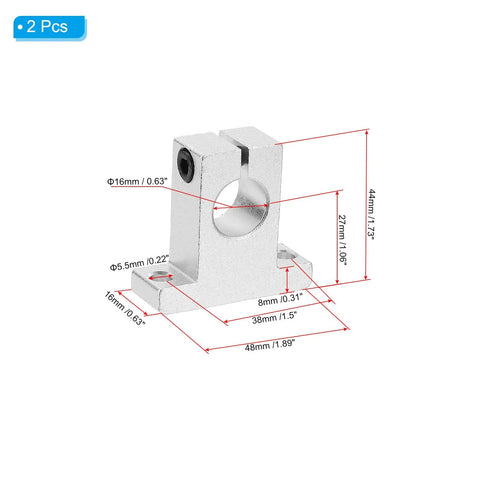 Two Pack Aluminum Linear Motion Rod Rail Clamp Guide Support For 16mm Diameter Shaft SK16, Heavy Duty Mounting Brackets For CNC DIY 3D Printer Setup, Compact 48x16x44mm Size, 2 pcs aluminum clamp support with 16mm bore and 5.5mm mount holes