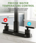 APPASO 4 Hole Kitchen Faucet Matte Black, Dual Handle with Soap Dispenser showing dual handles for hot and cold water control.