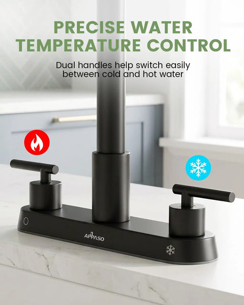 APPASO 4 Hole Kitchen Faucet Matte Black, Dual Handle with Soap Dispenser showing dual handles for hot and cold water control.