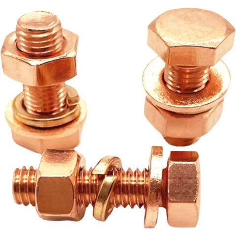 Top Shelf T2 Pure Copper Hex Bolt Kit With Nuts And Washers Heavy Duty Conductive Fastener, M3 size visible, ideal for electrical grounding.