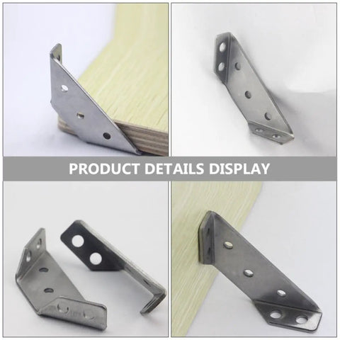 Trapezoid Angle Brackets Set Stainless Steel Heavy Duty Corner Braces for Shelves and Cabinets displayed in use on wood surface.