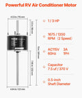 One Third HP RV Air Conditioner Fan Motor With Capacitor AC 115V 3A Dual Speed 1675 and 1350 RPM 0.5 Inch Shaft diagram