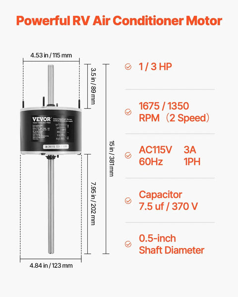 One Third HP RV Air Conditioner Fan Motor With Capacitor AC 115V 3A Dual Speed 1675 and 1350 RPM 0.5 Inch Shaft diagram