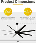 Product dimensions of Heavy Hitting Two Pack One Hundred Inch Industrial Ceiling Fan With Remote Control Inside Or Outside Featuring Solid As A Rock Black Metal Blades. Big fan, 100 inches.