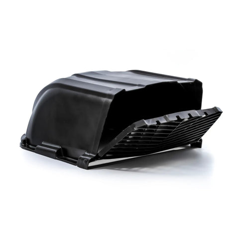 Heavy Duty High Flow Roof Vent Cover for RVs With Easy Open Cap and Aerodynamic Design, black, angled side view.