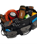 Extreme Big Daddy Tool Bag In Gray With 25 Pockets, open with tools inside, Diamond PVC Bottom, Heavy Duty 1680D Poly.
