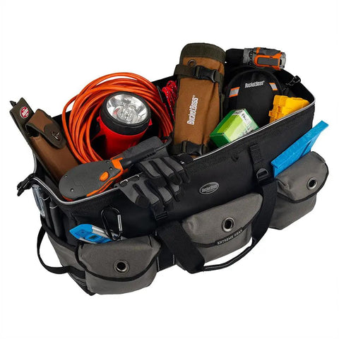 Extreme Big Daddy Tool Bag In Gray With 25 Pockets, open with tools inside, Diamond PVC Bottom, Heavy Duty 1680D Poly.