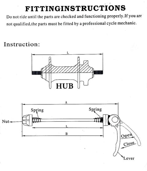 Ultralight Aluminum Quick Release Skewer Set For Road Bikes Front And Rear fitting instructions diagram with hub, nut, spring, lever.