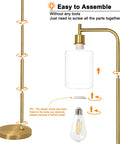 Assembly diagram for Gold Industrial Floor Lamp With Glass Shade For Living Room And Bedroom Vintage Brass Standing Lamp With E26 Socket