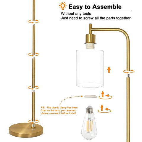 Assembly diagram for Gold Industrial Floor Lamp With Glass Shade For Living Room And Bedroom Vintage Brass Standing Lamp With E26 Socket