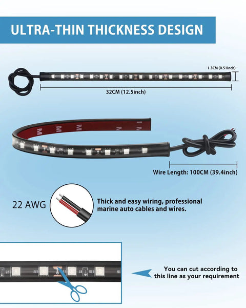 12V Waterproof White LED Light Strip Kit For Cars, Motorcycles, Golf Carts And Boats, 32cm 5050 18SMD Per Strip