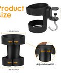Product size diagram of Heavy Duty Desk Cup Holder With Secure Clip For Tumbler And Mug, showing dimensions and adjustable features.