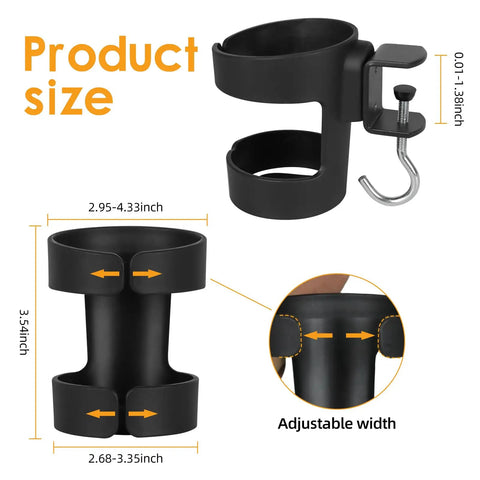 Product size diagram of Heavy Duty Desk Cup Holder With Secure Clip For Tumbler And Mug, showing dimensions and adjustable features.