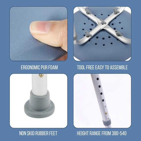 Height Adjustable Bath And Shower Chair For Seniors with ergonomic PUR foam seat, non slip feet, and tool-free assembly showcase