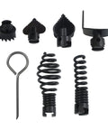 Badass Manganese Steel Drain Auger Cutting Heads 7 Piece Set showing various cutting heads and springs for pipe blockages.