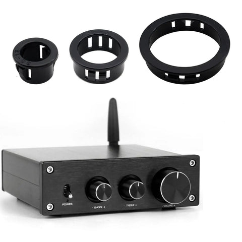 Image of 60 Pack 1/2 Inch Snap In Cable Bushing Grommets in black nylon, shown with electronic device for wires and hoses protection.