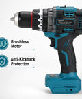 Professional Brushless Cordless Impact Drill Featuring 1/2 Inch Keyless Chuck And Serious 160 Nm Torque Output For Makita 18V Batteries side view showing brushless motor and anti-kickback protection