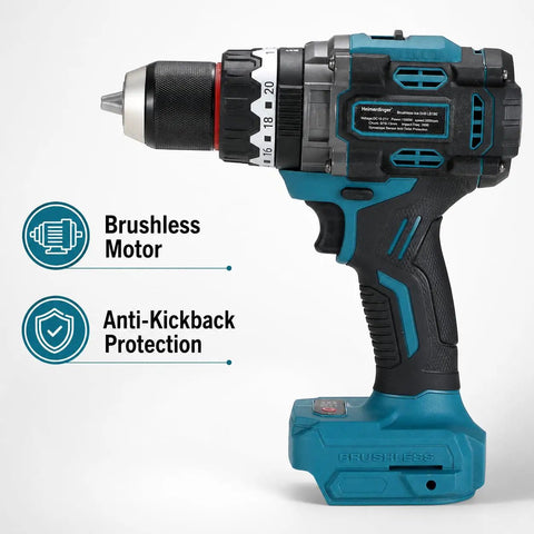 Professional Brushless Cordless Impact Drill Featuring 1/2 Inch Keyless Chuck And Serious 160 Nm Torque Output For Makita 18V Batteries side view showing brushless motor and anti-kickback protection