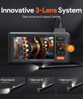 50ft Sewer Camera With 1080P HD Triple Lens Borescope, 5 Inch IPS Screen Endoscope, showing lens system and controls