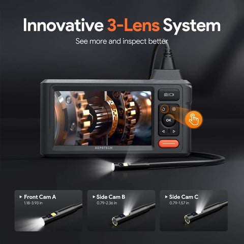 50ft Sewer Camera With 1080P HD Triple Lens Borescope, 5 Inch IPS Screen Endoscope, showing lens system and controls