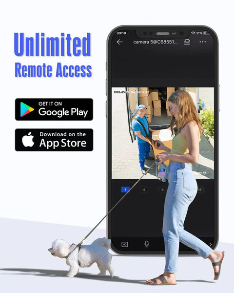 Person using phone with 5 In 1 8 Channel Hybrid Security DVR With H265 Plus, Remote Access, AI Detection, walking dog