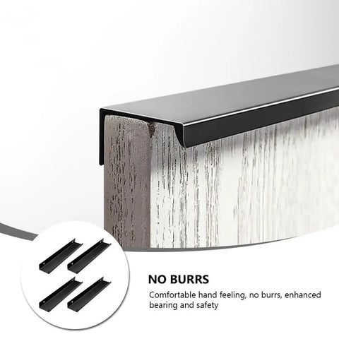 4 Pack Matte Black Hidden Pull Handles 80mm for cabinets, shown on a wooden edge, highlighting the sleek, durable, burr-free surface