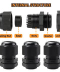 Heavy Duty 10 Pack 1/2 NPT Black Nylon PA66 IP68 Waterproof Adjustable Cable Glands components shown in detail