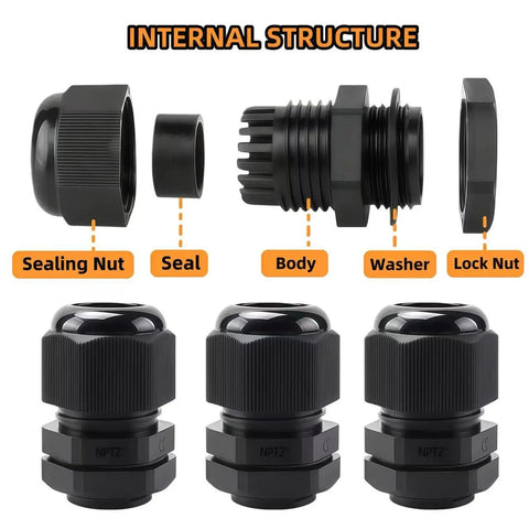Heavy Duty 10 Pack 1/2 NPT Black Nylon PA66 IP68 Waterproof Adjustable Cable Glands components shown in detail
