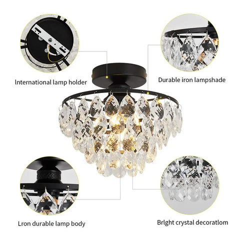 Modern Black Crystal Ceiling Light Fixture Semi Flush Mount Chandelier showing components and sparkling crystals