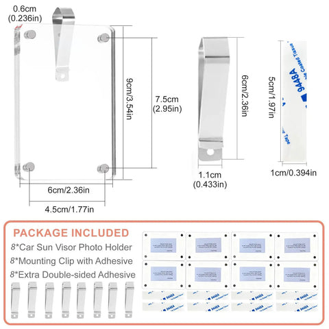 Product dimensions for Eight Piece Car Clip Picture Holder Set With Personalized 3 Inch Photo Frames For Your Ride Sun Visor Acrylic Magnetic Car Photo Clip Visor Clip Frame Hanging Decor Ideal Gift For Mom Husband Family And Pets shown with included clips and adhesives.