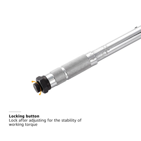 Close-up of Three Eighths Inch Drive Click Torque Wrench Ratchet For DIY And Pro Auto Work showing locking button