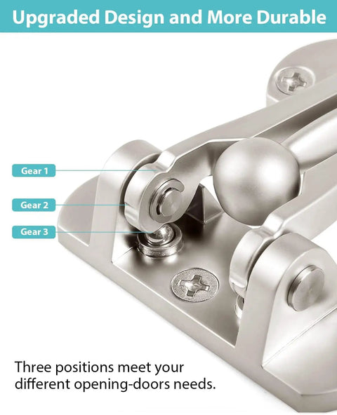 Close-up of thick aluminum alloy swing bar door lock latch with satin nickel finish, showing gear positions for home security.