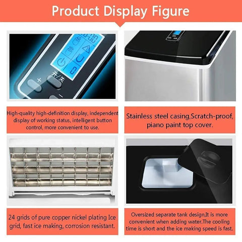 Game Changing Countertop Ice Cube Maker Pushing Fifty Five Lbs Of Clear Ice Daily showing LCD display and stainless steel casing.