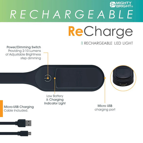 Rechargeable Clip On Book Light With Warm Eye Care LEDs, Flexible Gooseneck, image highlighting USB and dimming features