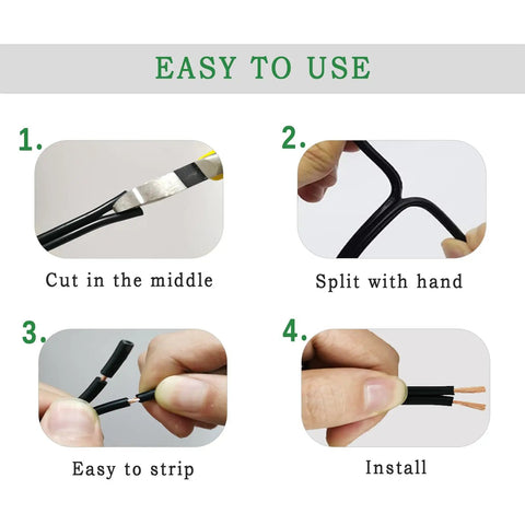 Four steps to use Low Voltage Landscape Lighting Wire For Outdoor Direct Burial And Underground Use, 12 Gauge 2 Wire Black, 100ft, ETL Listed.