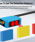 Photoelectric Sensor Switch PNP NO NC DC 10 30V with 80cm Infrared Reflective Beam showing detection distance setting